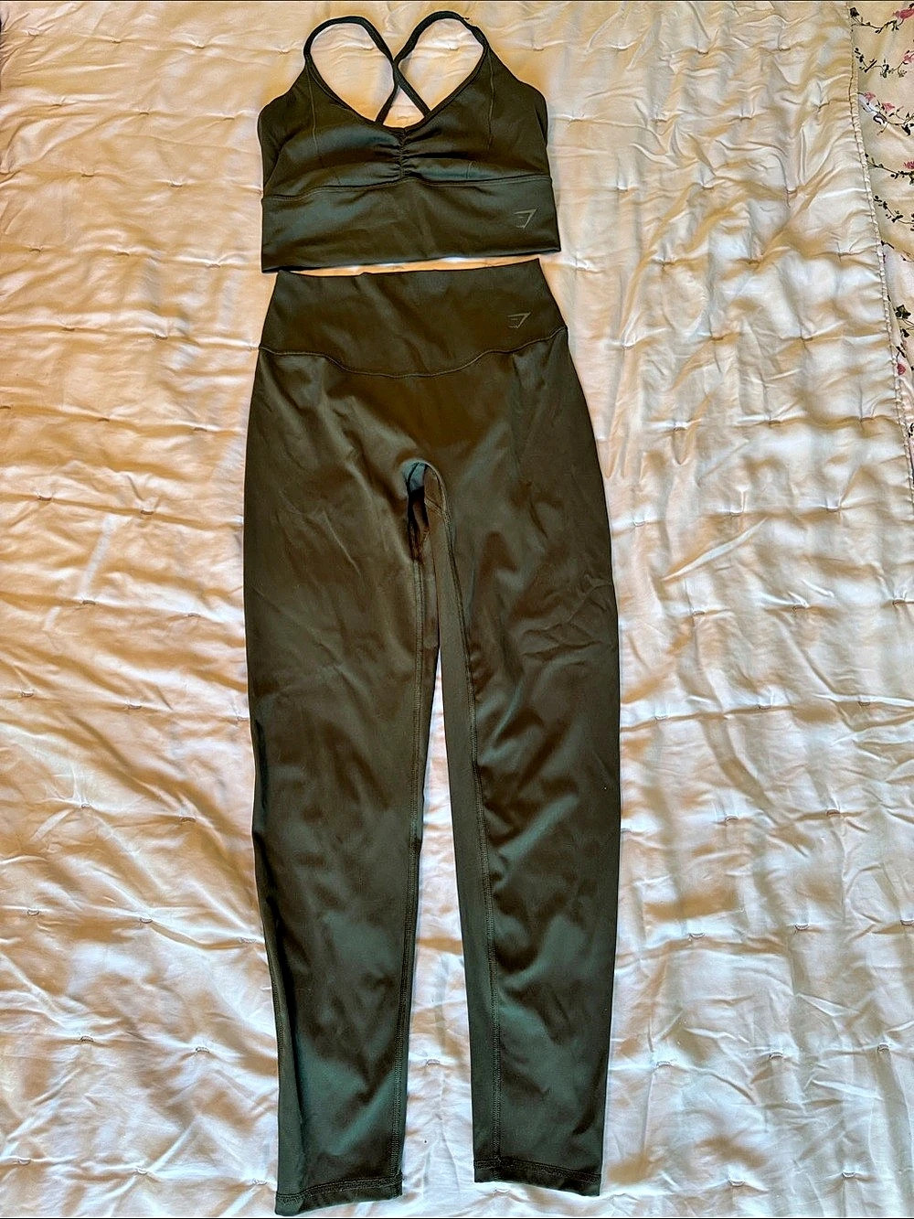 Gymshark Olive Green Two-Piece Workout Set Size Medium Bottoms and Small Top